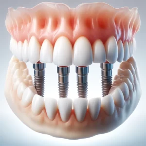 "Detailed view of an implant-supported bridge used in Colorado Dental Bridges, featuring metallic implants and ceramic teeth for superior dental care.